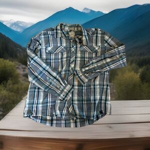 LL Bean Mens Snap Button Long Sleeve Roll Tab Shirt Outdoors Blue Plaid XL Read